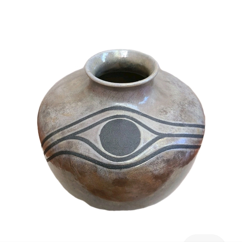 John Charnetski  Art Pottery Vase  Raku 6 3/4 " High Hand crafted Studio Pottery